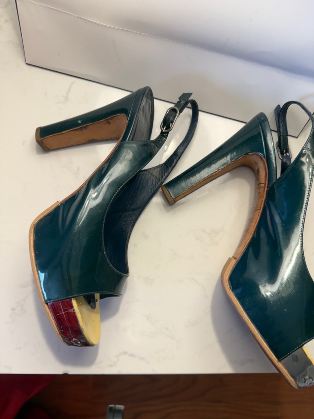 CHANELPatent Leather 5”  Slingback Heels with Silver embossed Toe Cap